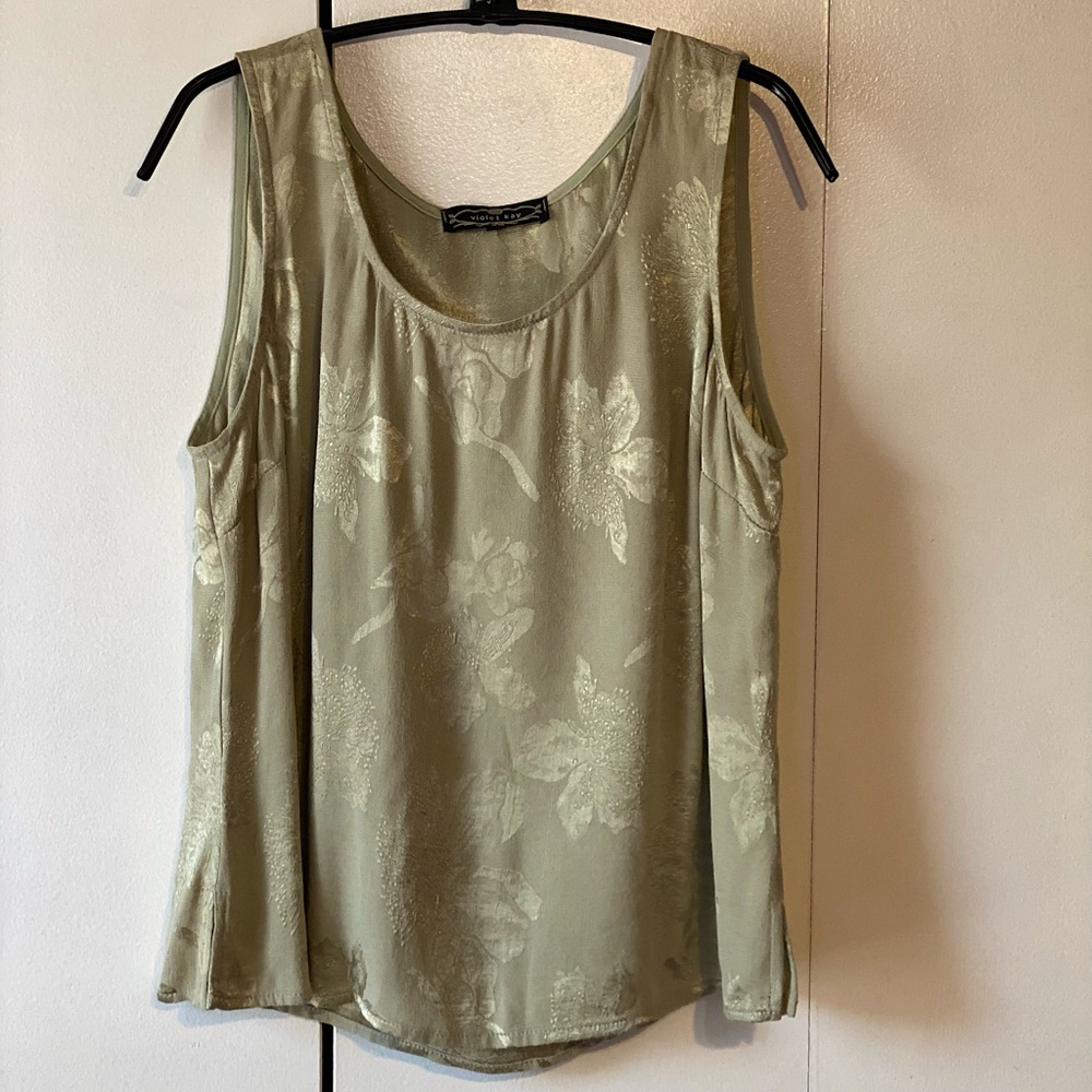 Whimsical Vintage 90s Violet Kay Gold Sage Green Shimmer floral tank top blouse